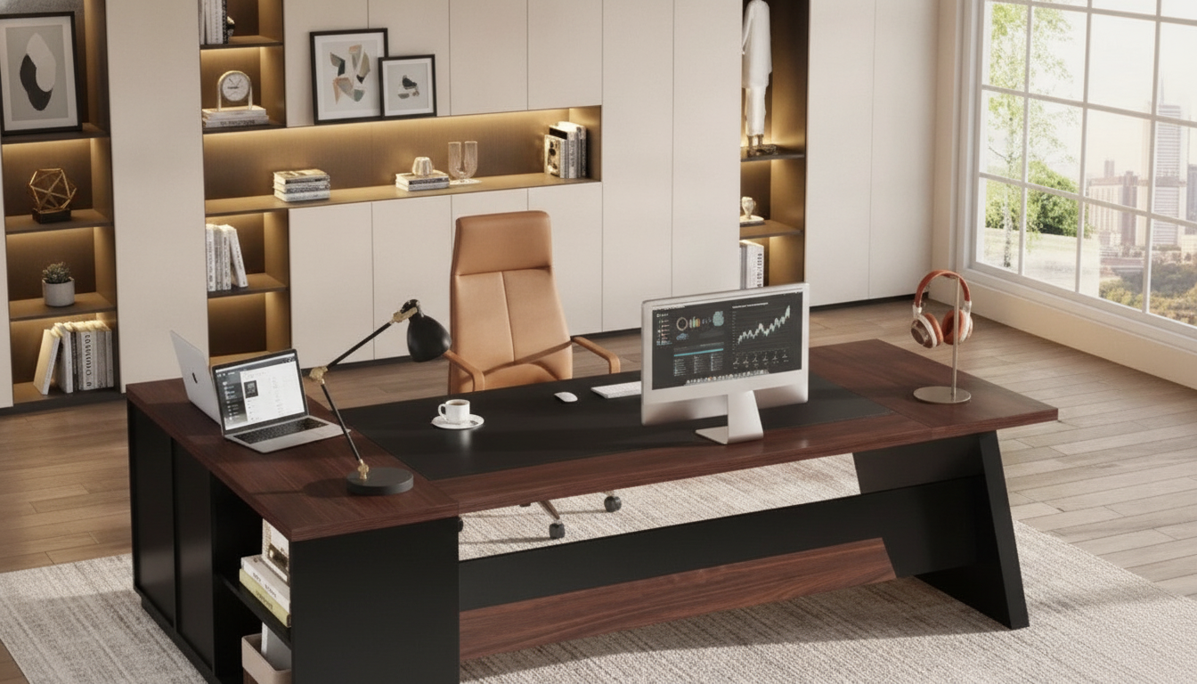 78-Inch L-Shaped Executive Desk: Drawers + File Cabinet