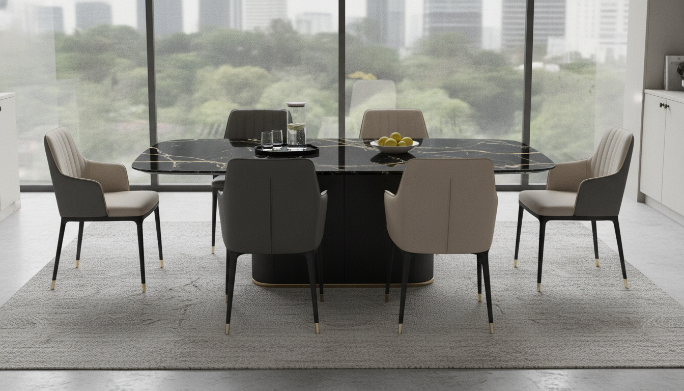 Marble-Top Dining Set for 6 with Leather Chairs