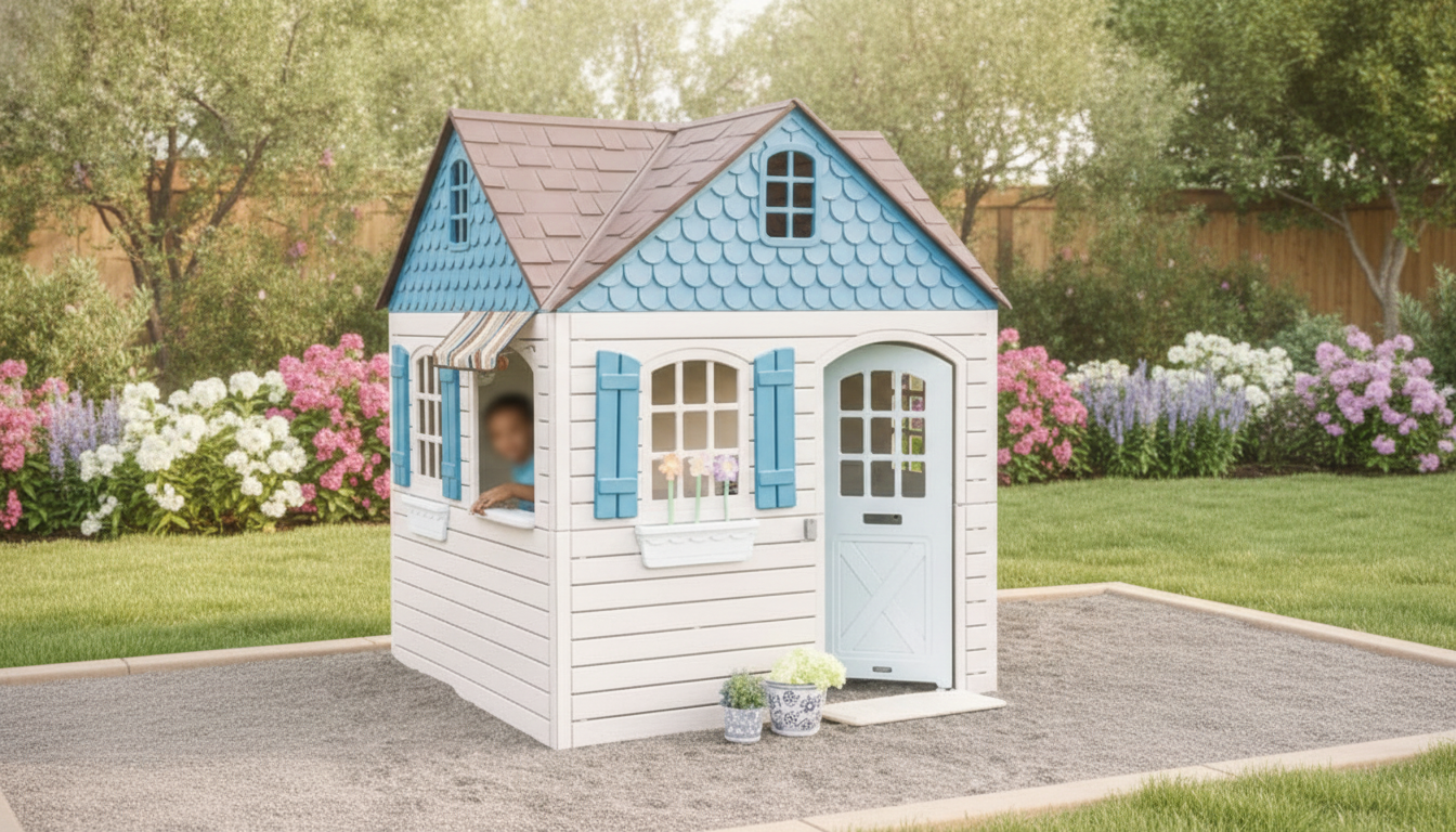 Beige & Blue Outdoor Playhouse: Doorbell + Toy Kitchen